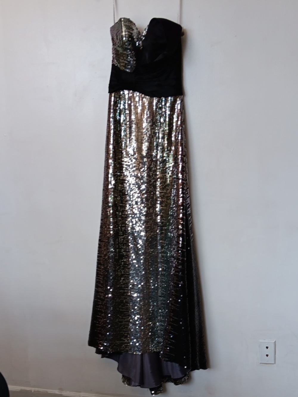 Maggie Sottero Black and Silver Sequin Strapless Gown